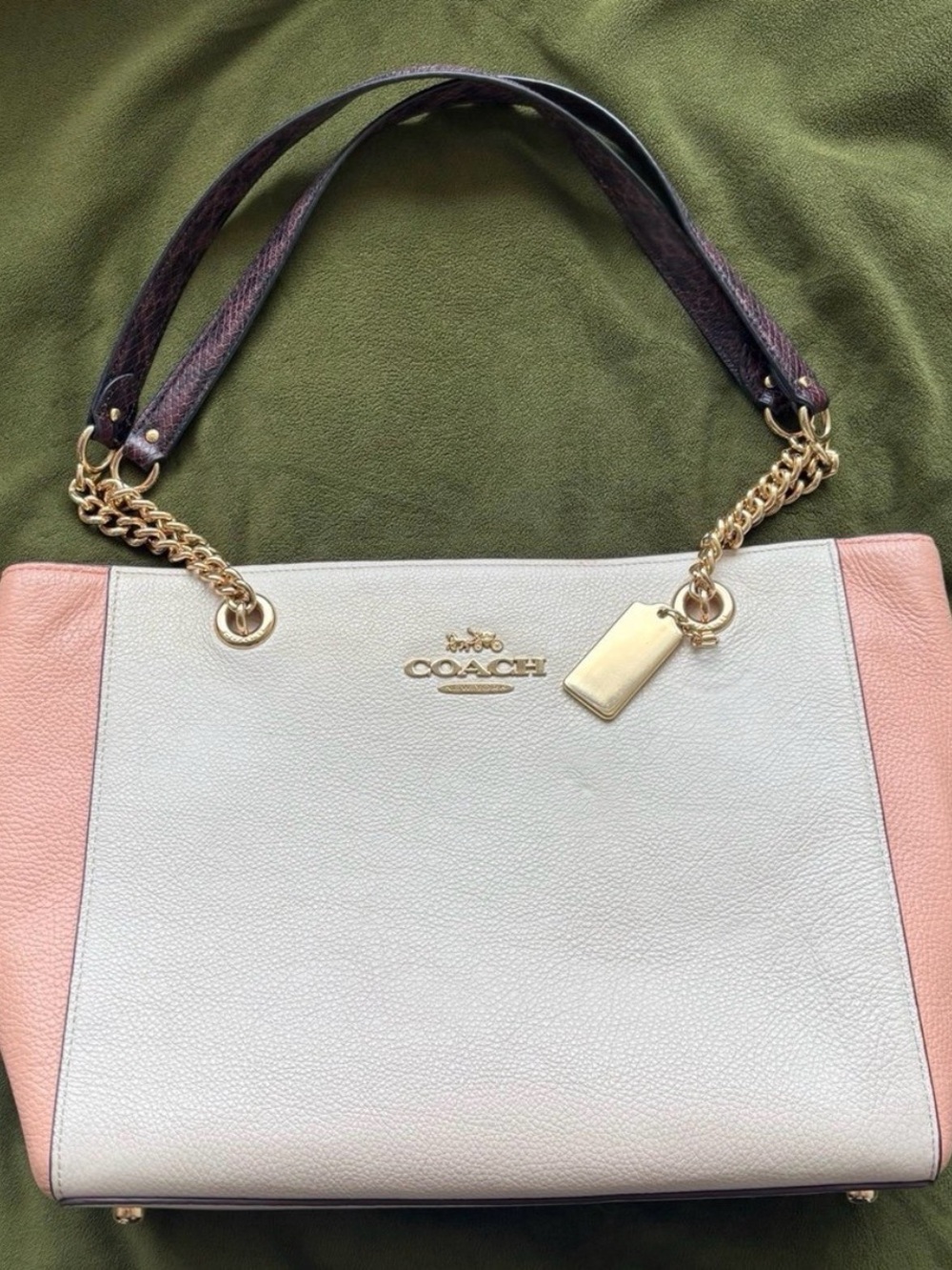 Coach Cammie Chain Tote in Cream & Peach with Snakeskin Handles